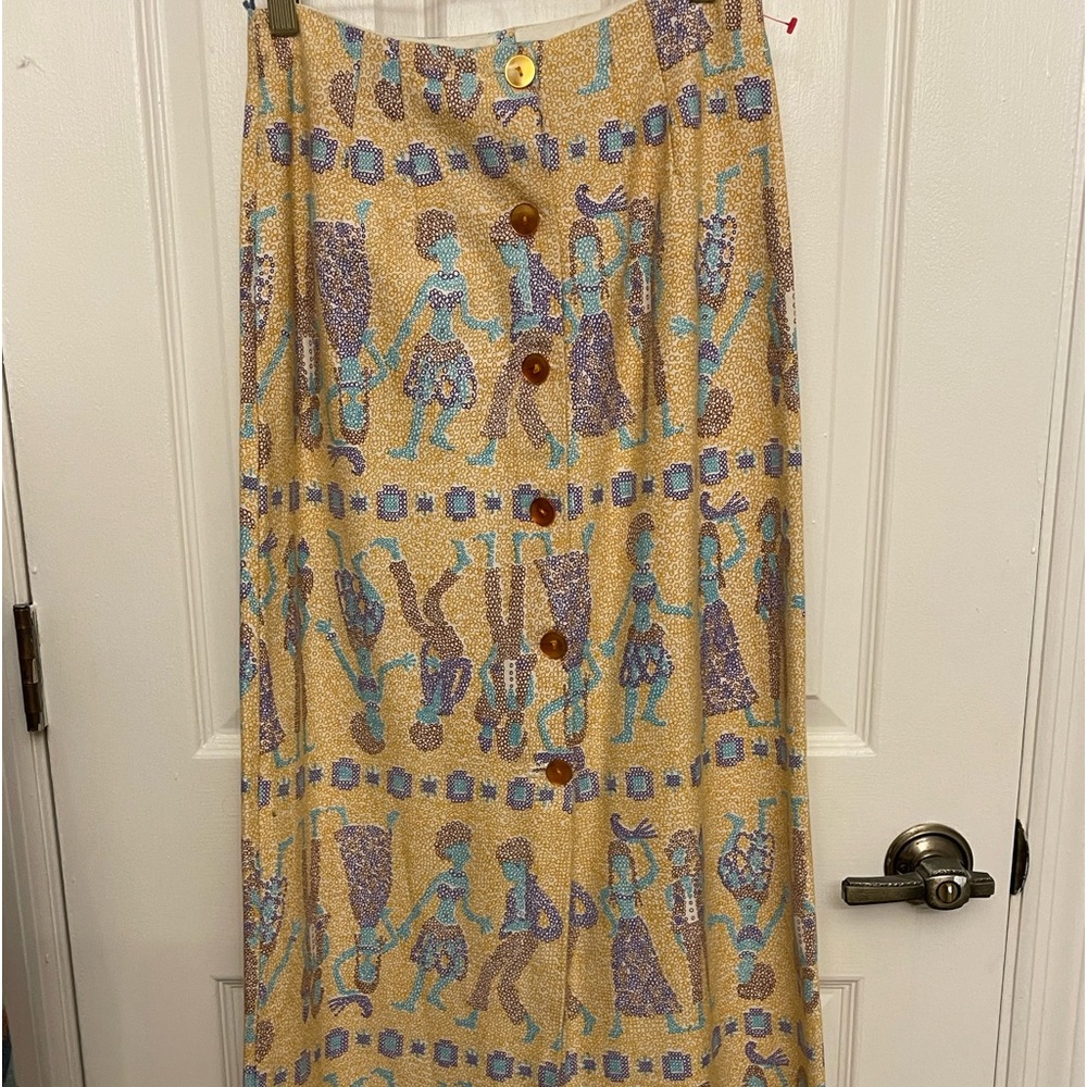 Bohemian Maxi Skirt Button Up Tribal Print Blue and Yellow Africa Small size 2/4